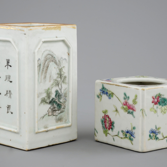 A Chinese square qianjiang cai brush pot and a famille rose brushwasher, 19/20th C.