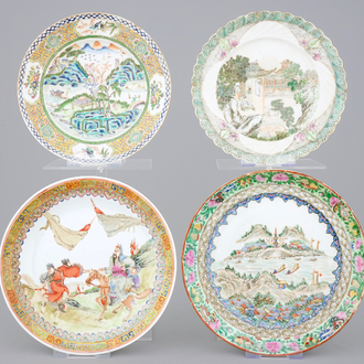 A set of 4 unusual Chinese famille rose plates, 19th C.