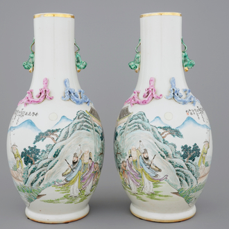 An unusual pair of Chinese famille rose landscape vases, early 20th C.