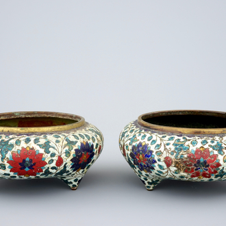 A pair of Chinese glit bronze and cloisonne tripod incense burners, late Ming dynasty
