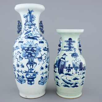 Two Chinese blue and white on celadon ground porcelain vases, 19th C.