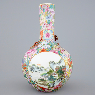 A Chinese famille rose millefleurs bottle vase with an applied dragon and landscape panels, 19/20th C.