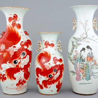 Two Chinese vases with foo dogs and a vase with ladies in a garden, 19/20th C.