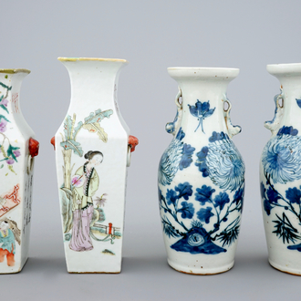 Quatre vases en porcelaine de Chine bleu et blanc et qianjiang cai, 19/20ème