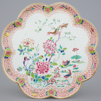A large Chinese famille rose flower-shaped dish with mandarin ducks, Yongzheng/Qianlong