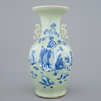 A fine Chinese blue and white on celadon ground porcelain vase, 19th C.