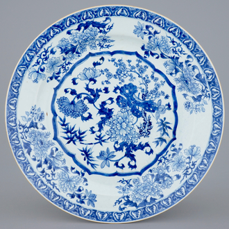 A large blue and white Chinese charger with a fine floral design, Qianlong, 18th C.