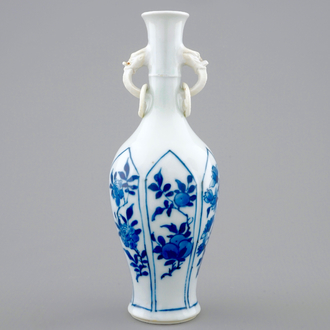 A Chinese blue and white elephant handle vase, Kangxi