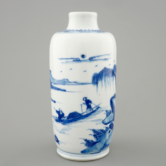 A blue and white Chinese vase with a mountainous landscape, Kangxi