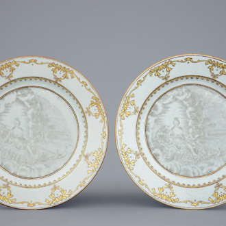 A pair of Chinese grisaille porcelain mythological subject plates, 18th C.