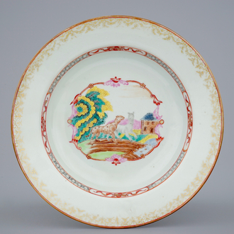 A Chinese export porcelain Meissen style plate with dogs in a field, 18th C.