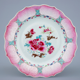 A fine Chinese famille rose lotus design plate, Yongzheng/Qianlong