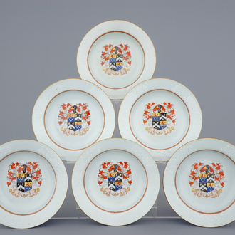 Un lot de 6 assiettes armoiriées en porcelaine de Chine pour l'export, Qianlong, 18ème