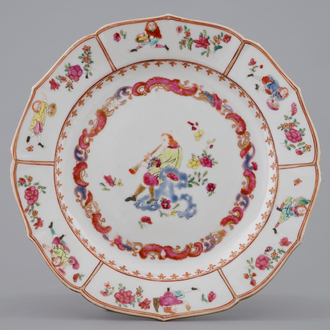 A Chinese famille rose plate with a European flute player, Qianlong, 18th C.