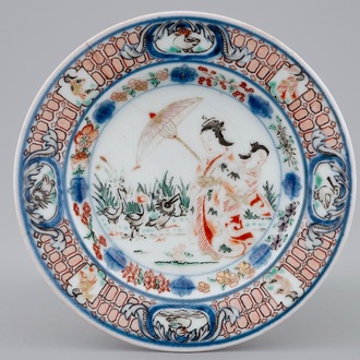 A Japanese Imari plate with "Dames au Parasol" after Cornelis Pronk, ca. 1740