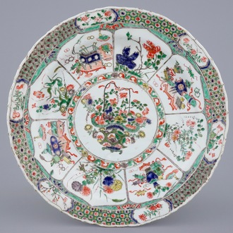 A large Chinese famille verte dish with a central flower basket, Kangxi