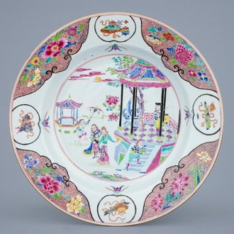A Chinese famille rose dish with an unusual design of Europeans, Qianlong, 18th C.