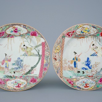 A pair of Chinese famille rose "Romance of the Western Chamber" plates, Yongzheng