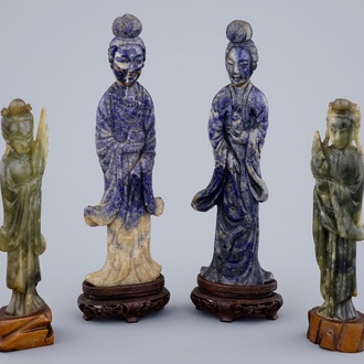 4 figures de Guanyins en lapis lazuli et jade sculpté, 19/20ème
