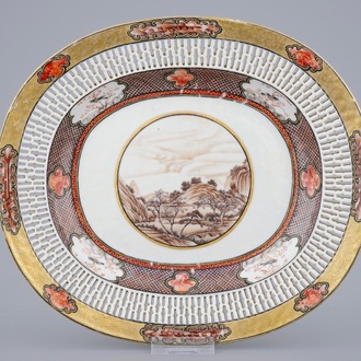 A Chinese Rockefeller style pierced rim grisaille and gilt oval plate, 18th C.