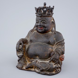 A Chinese gilt and lacquered bronze figure of crowned laughing Buddha, Ming Dynasty