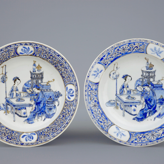 A pair of Chinese overglaze blue and gilt eggshell porcelain plates, Yongzheng, 1723-1735