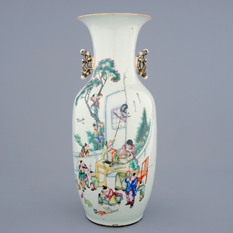 A Chinese famille rose vase with playing boys and a sleeping teacher, 19/20th C.