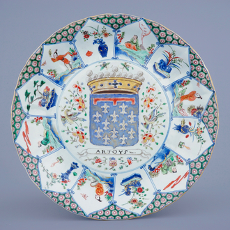 A large Chinese famille verte "Provinces" dish with the arms of Artoys, Kangxi/Yongzheng, ca. 1720