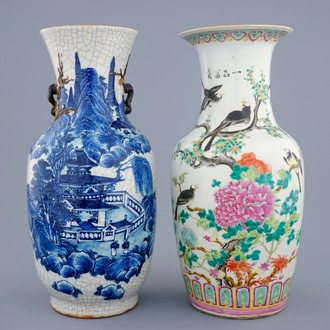 Two Chinese famille rose and blue and white vases, 19th C.