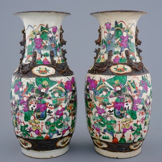 A pair of Chinese famille rose Nanking crackle glaze vases, 19th C.
