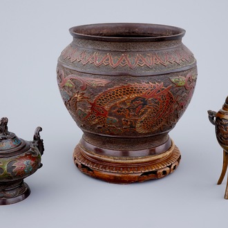 Two Chinese bronze and cloisonné censers and a jardinière, 19/20th C.