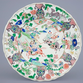 A Chinese famille verte dish with a war scene, Kangxi