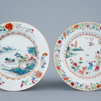 Deux assiettes en porcelaine de Chine famille rose d'export, Qianlong, 18ème