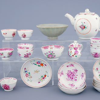 A collection of Chinese famille rose tea wares and a Song bowl, 18th C.
