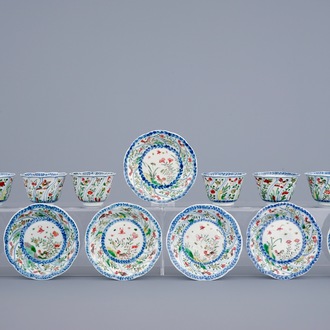 A set of 6 Chinese famille verte cups and 7 saucers with roosters, Kangxi