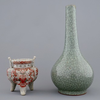 A Chinese crackle glazed tripod censer and a vase, 19th C.