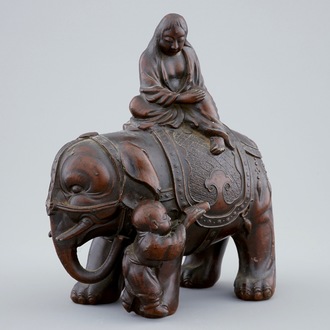 A Chinese bronze group of Guanyin on an elephant, Qing