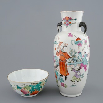 Un vase et un bol en porcelaine de Chine famille rose, 19ème
