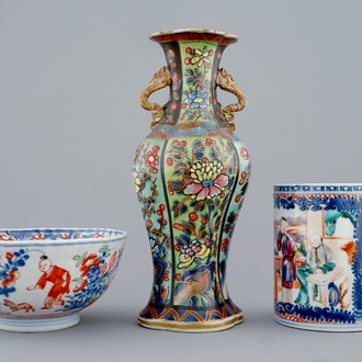 A clobbered vase, an Amsterdam bont bowl and a beer mug of Mandarin design, Kangxi/Qianlong, 18th C.