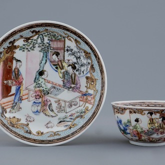 Een Chinese famille rose eierschaal kop en schotel met go-spelende dames, Yongzheng, 1723-1735