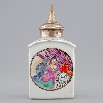 A Chinese famille rose erotical subject tea caddy with a prostitute, Qianlong, 18th C.