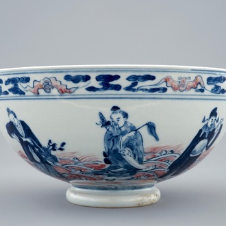 A Chinese blue, white and underglaze red bowl with immortals, 19/20th C.