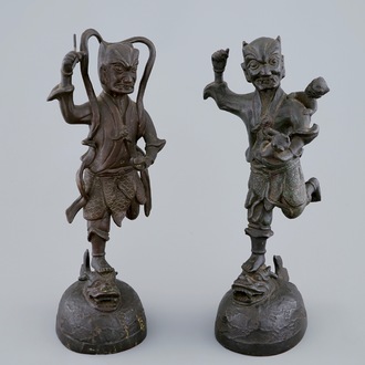 A pair of Chinese bronze mythological figures, Ming Dynasty