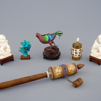 A collection of Chinese ivory, bone, gilt silver and turquoise objects, 19/20th C.