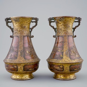 A pair of Japanese parcel gilt bronze vases, Meiji, 19th C.