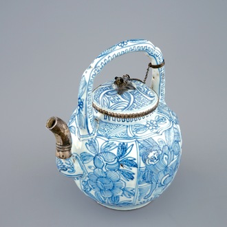 A Chinese blue and white silver-mounted teapot or wine jug, Ming, Wanli, 1573-1619