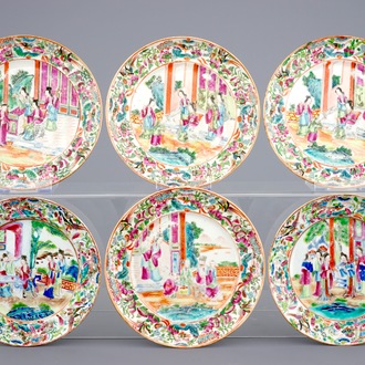 Six assiettes en porcelaine de Chine de Canton, famille rose, 19ème