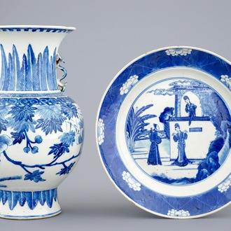 A Chinese blue and white vase with ruyi handles and a Kangxi-style plate, 19th C.