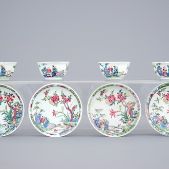 Un lot de 4 tasses et soucoupes en porcelaine de Chine famille rose, Yongzheng/Qianlong