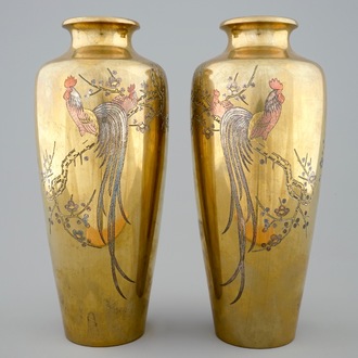 A pair of Japanese engraved gilt bronze vases with roosters, signed, Meiji, 19/20th C.
